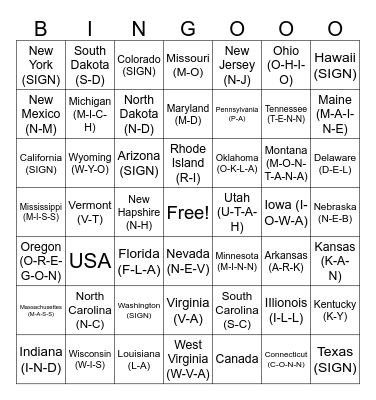 ASL STATES Bingo Card
