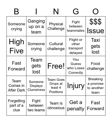 Amazing Race Bingo Card