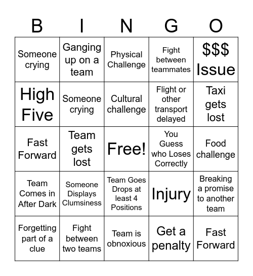 Amazing Race Bingo Card