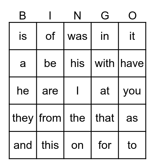 Sight Words Bingo Card