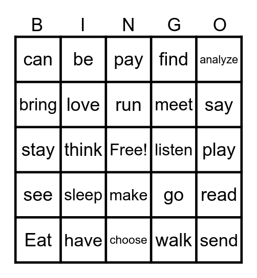 Verbs Bingo Card