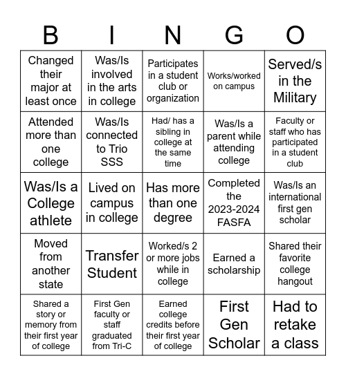 FIRST-GEN BINGO. Bingo Card