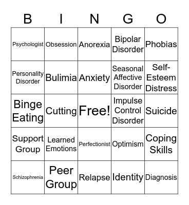 Mental Health Bingo Card