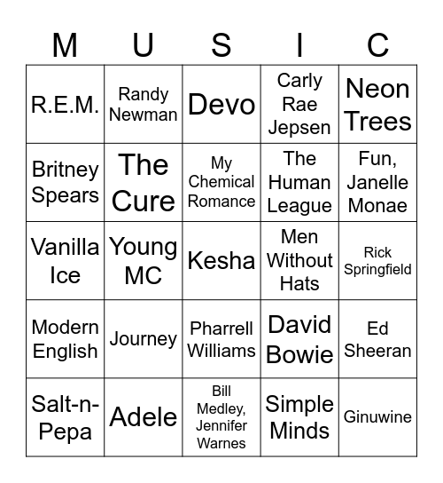 Music Bingo #42 (Glee) Bingo Card