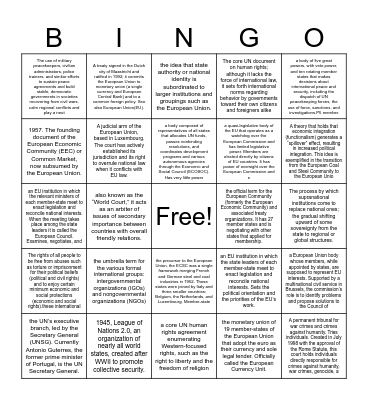 IOs, UN, EU & International Law Bingo Card