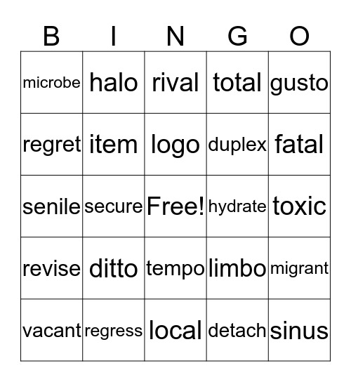 5.5 Real Words Bingo Card
