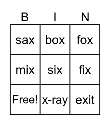 Xx Jolly Phonics Bingo Card