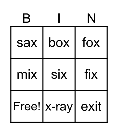 Xx Jolly Phonics Bingo Card