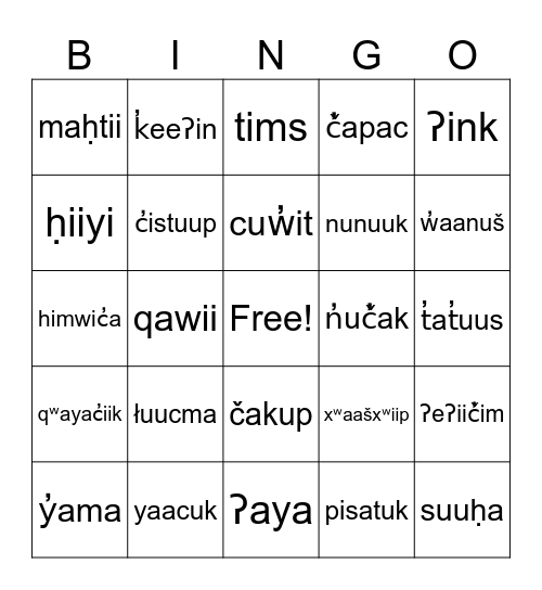 Nuu-chah-nulth Alphabet Practice Bingo Card