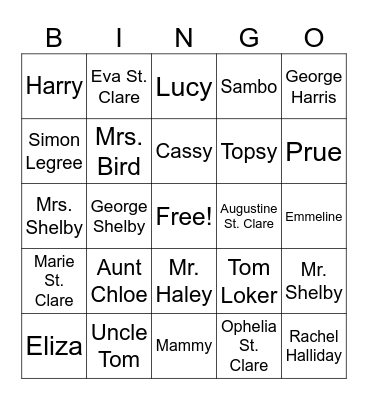 Uncle Tom's Cabin Bingo Card