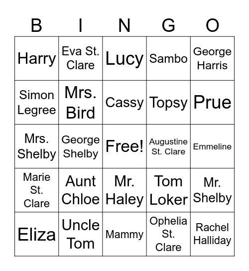 Uncle Tom's Cabin Bingo Card