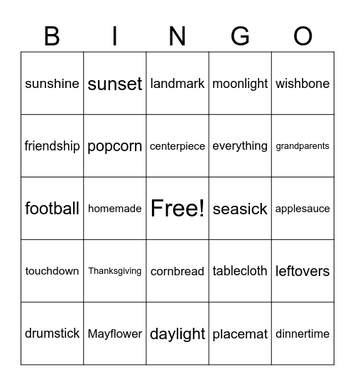 Compound Words Bingo Card