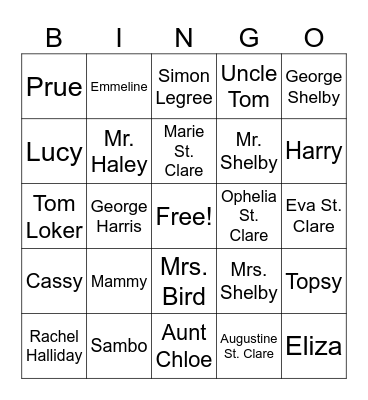 Uncle Tom's Cabin Bingo Card