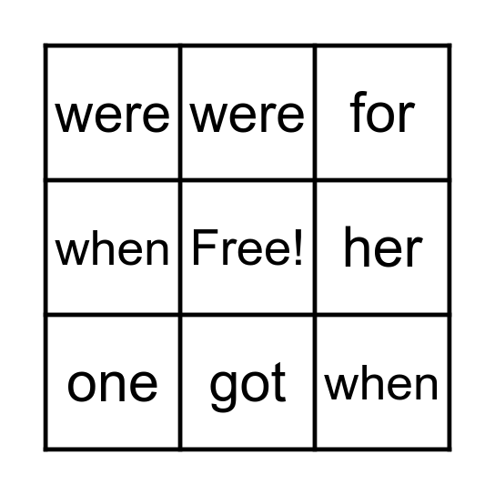 Green Star Word Bingo Card