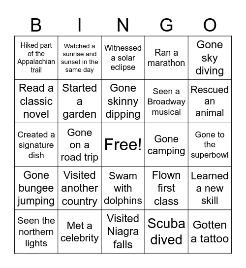 Bucket List Bingo Card