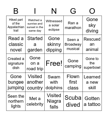 Bucket List Bingo Card