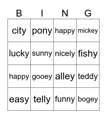 y - ey Bingo Card