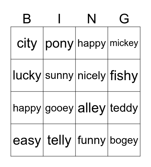 y - ey Bingo Card