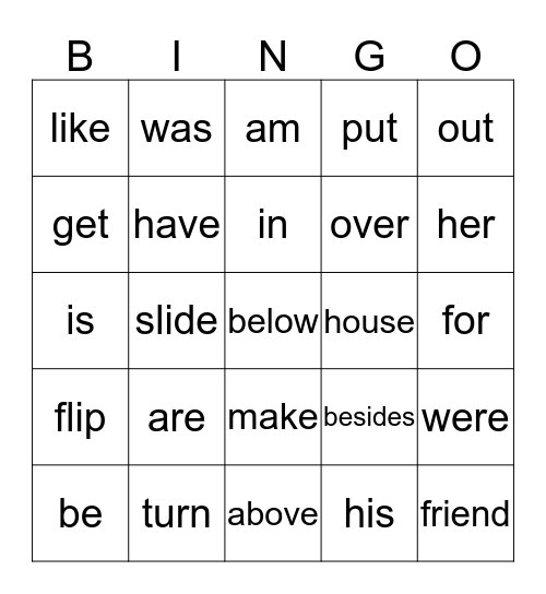 High Frequency Words Bingo Card
