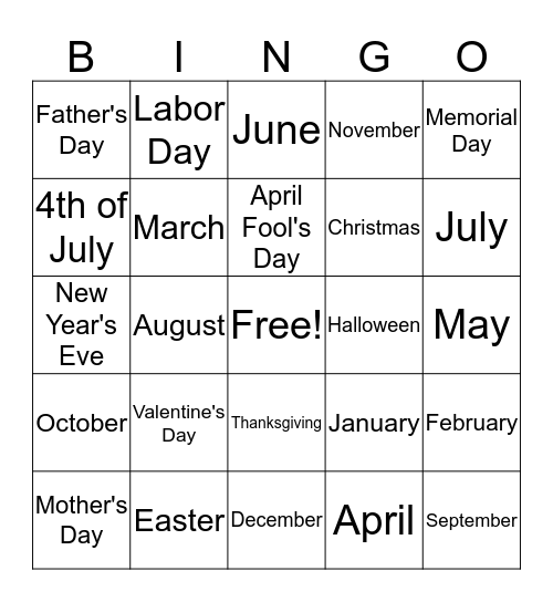 Calendar Vocabulary Bingo Card
