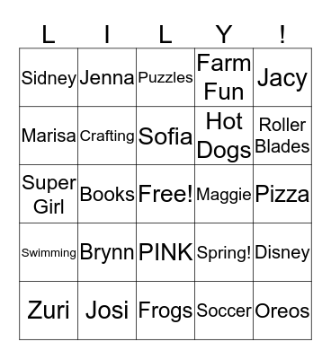 Lily's Favorite Things Bingo! Bingo Card