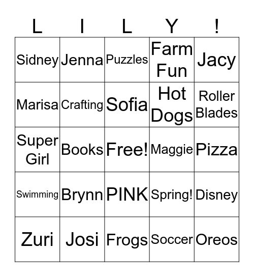 Lily's Favorite Things Bingo! Bingo Card