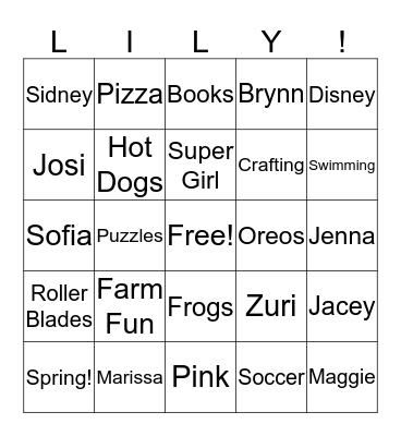 Lily's Favorite Things Bingo! Bingo Card