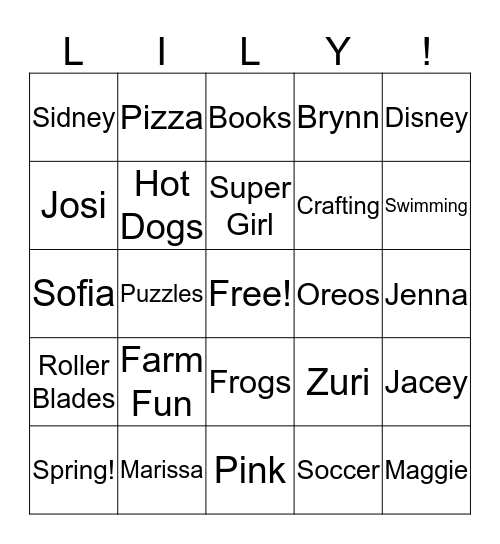 Lily's Favorite Things Bingo! Bingo Card