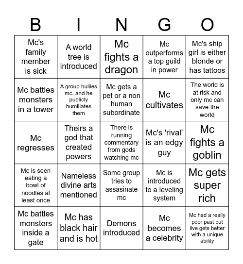 Webtoon Bingo Cliche's Bingo Card