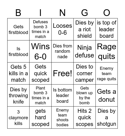 Search and Destroy Bingo Card