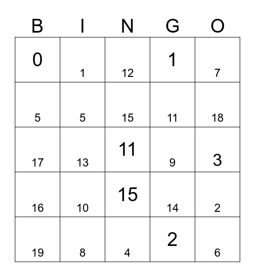 los numeros Bingo Card