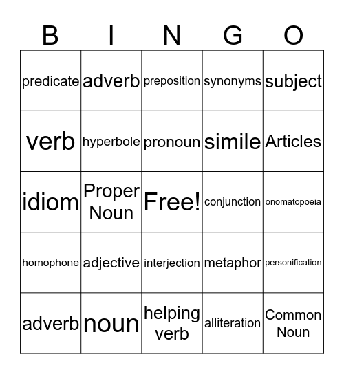 Language Arts BINGO Card
