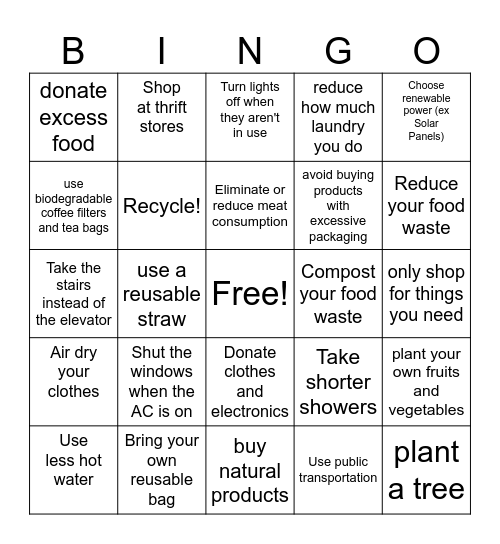 How To Reduce Your Carbon Footprint Bingo Card