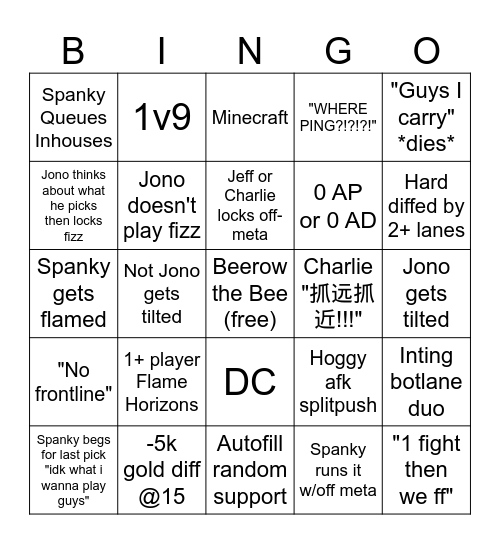 League of legends bingo Card