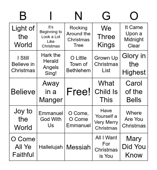 Christmas Song Bingo Card