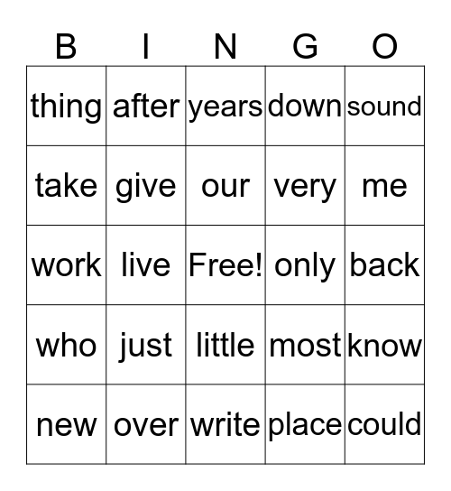 Fry Second 100 Words 1-20 Bingo Card