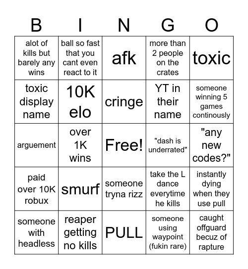 blade ball BINGO Card