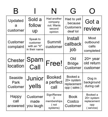 Call Center Bingo Card