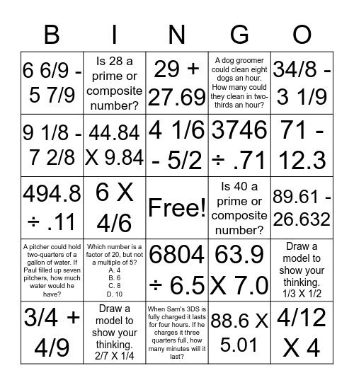 Math Review Bingo Card