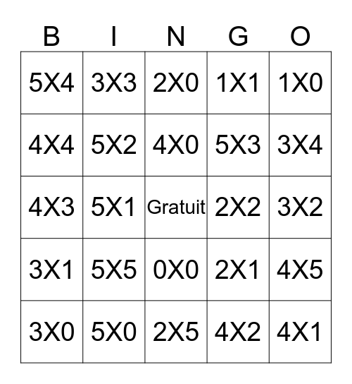 Multiplication Bingo Card
