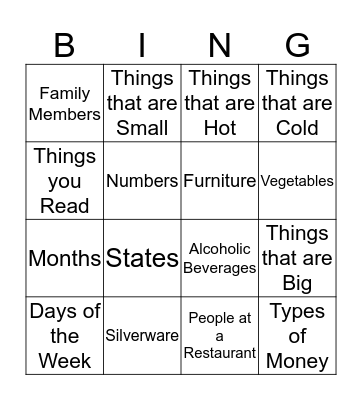 Categories  Bingo Card