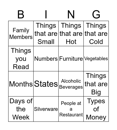 Categories  Bingo Card
