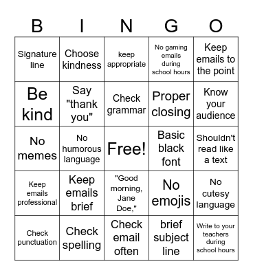 Email Etiquette Bingo Card