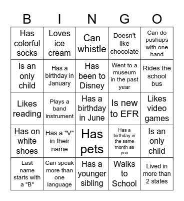 Middle School BINGO: Find someone who... Bingo Card