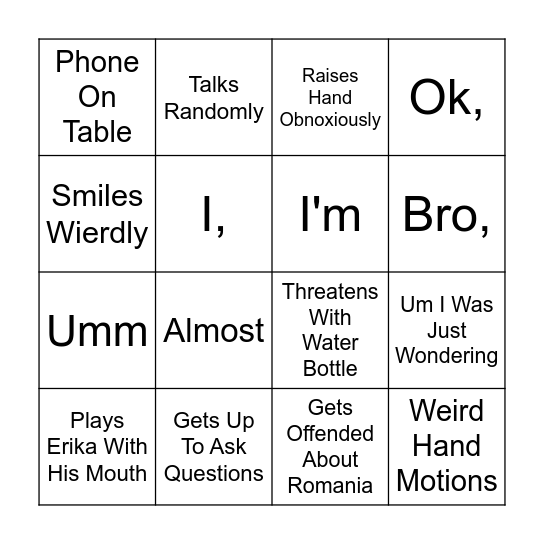 Samuels Daily Actions Bingo Card