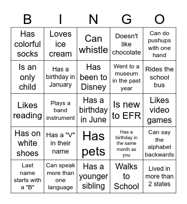 Middle School BINGO: Find someone who... Bingo Card