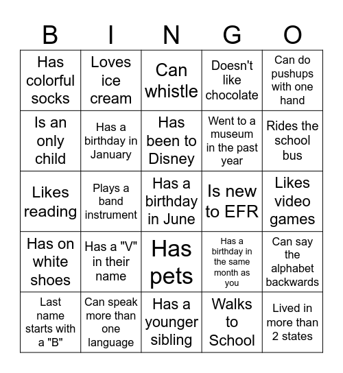 Middle School BINGO: Find someone who... Bingo Card