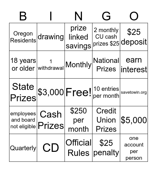 Save To Win Bingo Card