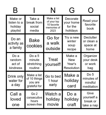 Holiday Self-Care Bingo Card