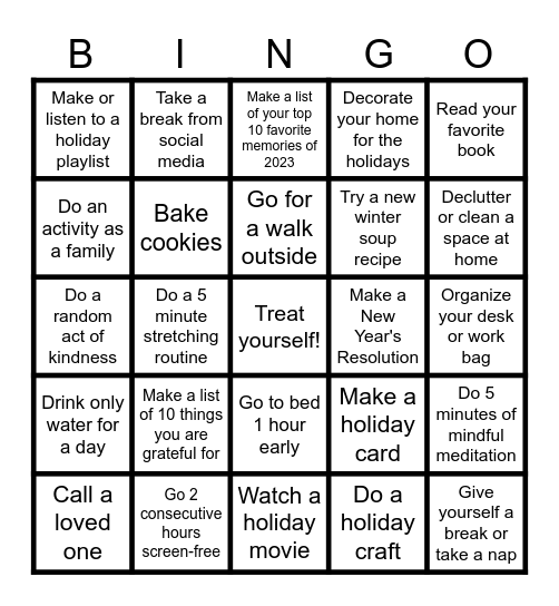 Holiday Self-Care Bingo Card